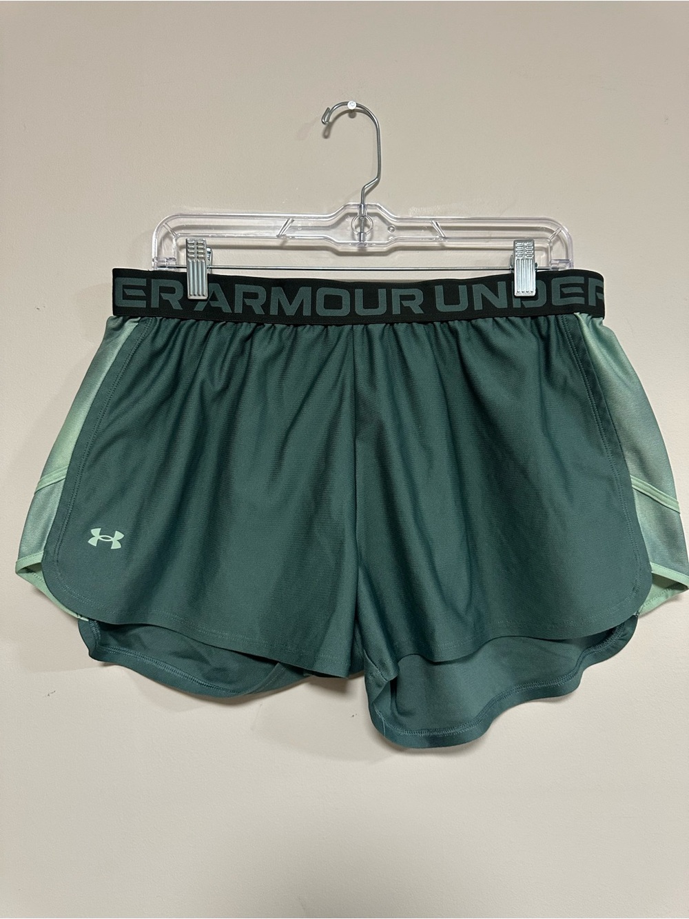 Under Armour Women's Dark Green Athletic Shorts with Light Green Side Panels